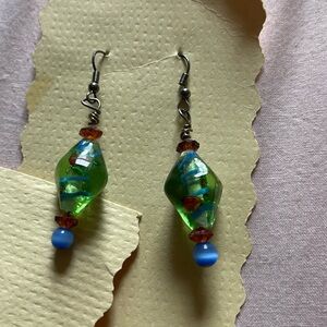 Glasswork Earrings In Tones Of Aqua, Blue & Gold